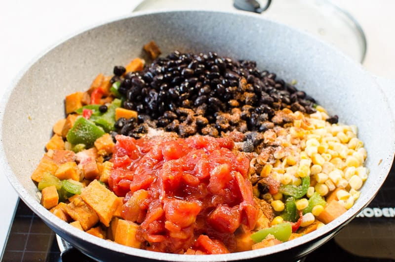 skillet sweet potatoes with beans and tomatoes