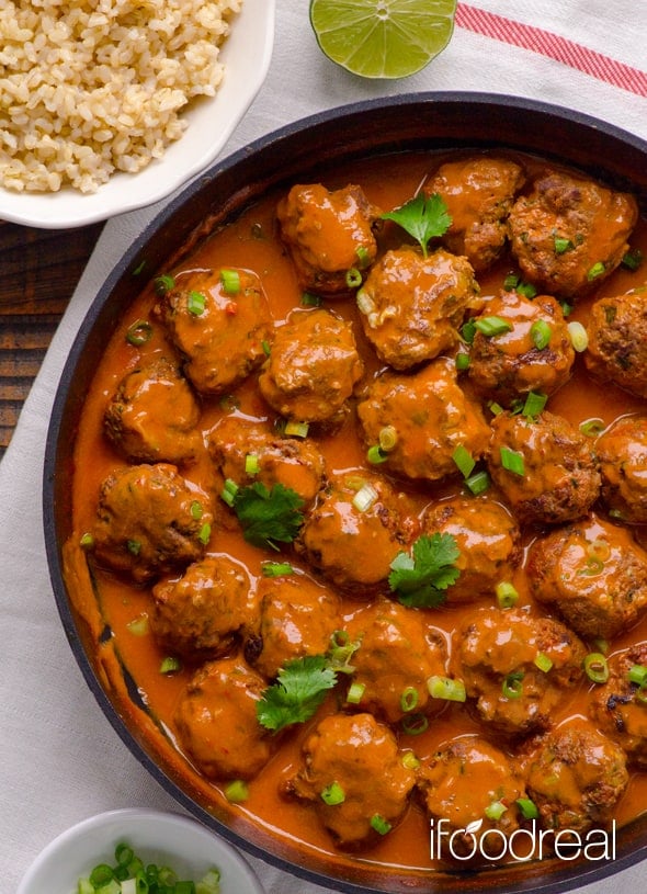 Thai meatballs garnished with fresh cilantro.