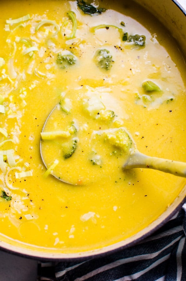 Healthy Broccoli Cheese Soup in pot with laddle