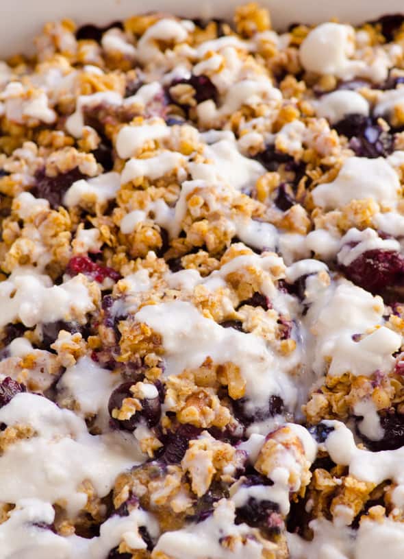 Healthy Blueberry Coffee Cake drizzled with icing