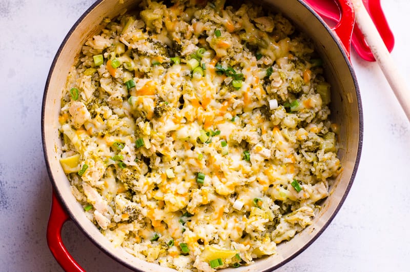 healthy chicken and rice casserole in red dutch oven