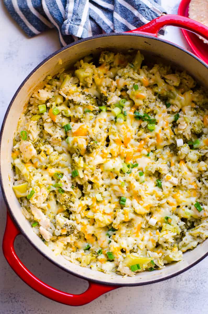 Healthy Chicken and Rice Casserole in casserole dish