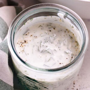 Healthy ranch dressing with Greek yogurt in a jar.