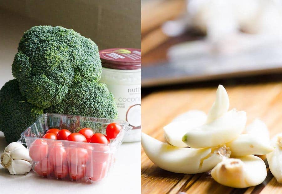 Sautéed Garlic Broccoli ingredients; broccoli, grape tomatoes, garlic and coconut oil 
