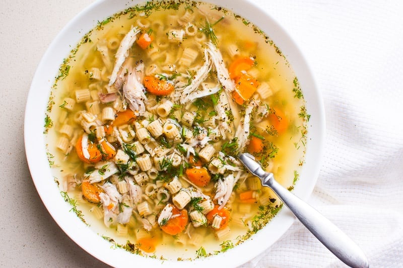 bowl of instant pot chicken noodle soup