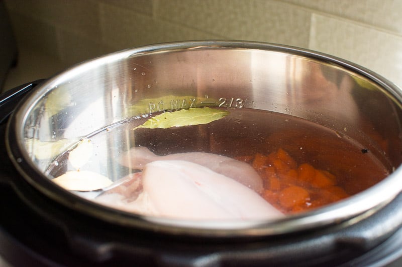 Instant Pot filled with water, chicken and veggies