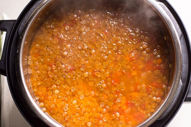 Finished cooking lentil soup in pressure cooker.
