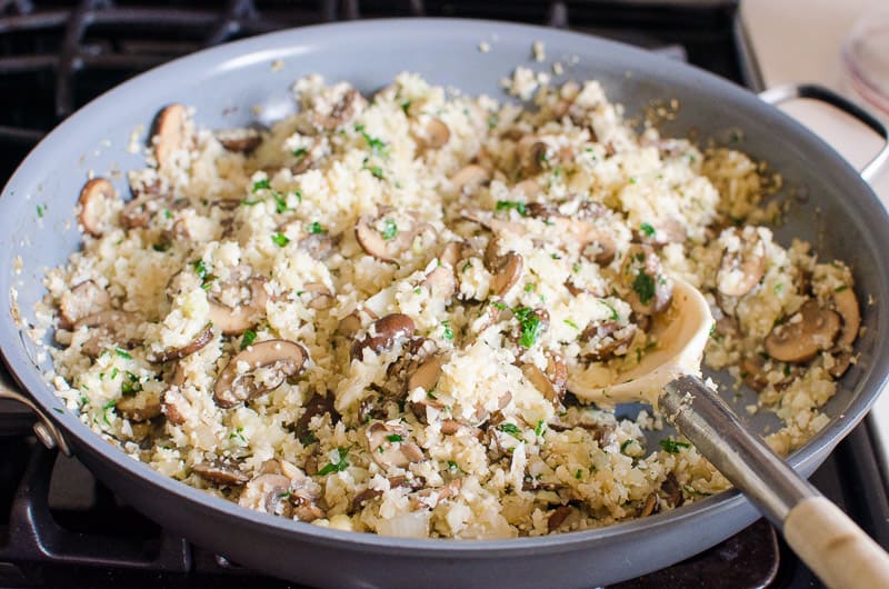 Cauliflower risotto in skillet.