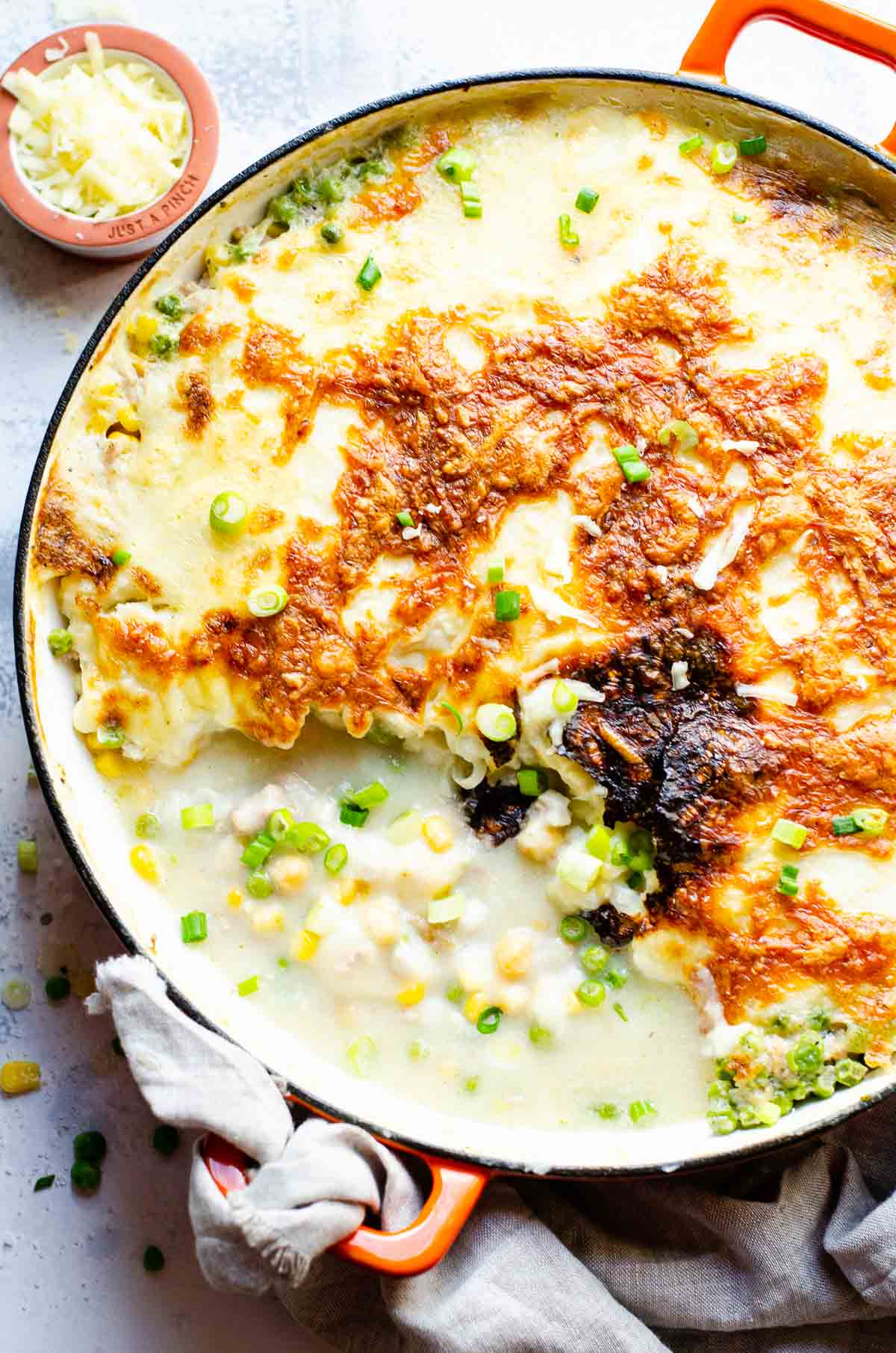 Cauliflower shepherds pie in a baking dish.