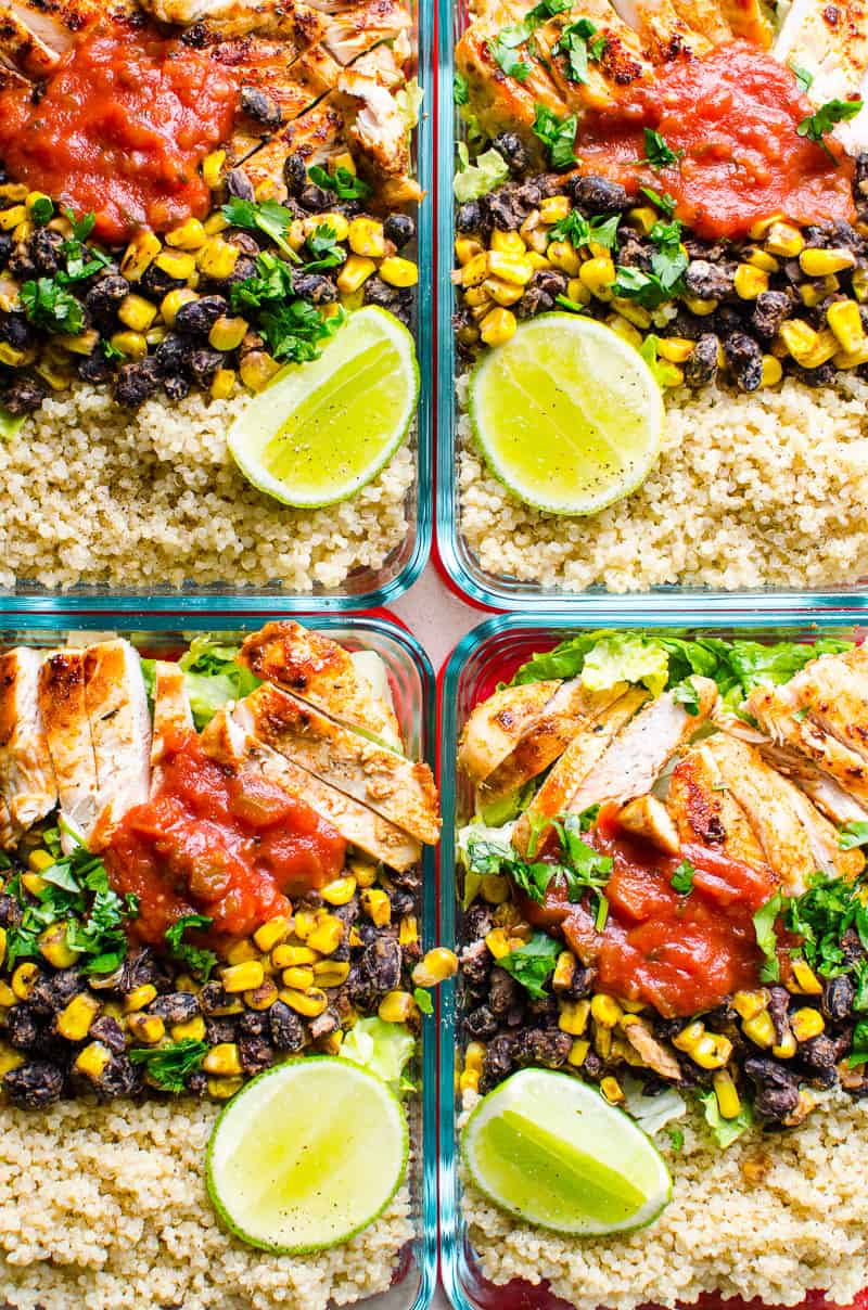 Super easy and healthy Chicken Burrito Bowl Recipe meal prep style. With quinoa, lettuce, store bought salsa, and taco seasoned chicken breast, corn and black beans. Meal prep shouldn't take a day.