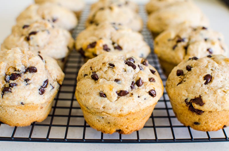 Healthy chocolate chip muffins on a cooling rack.