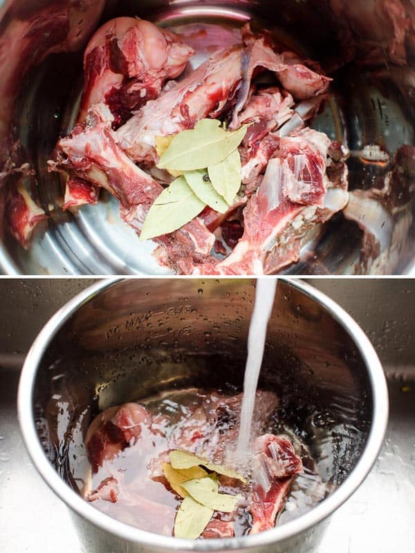 To make bone broth in instant pot add meat and bay leaves and fill with fresh water