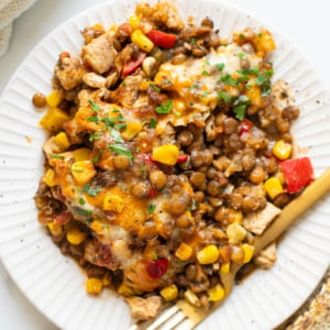 Chicken and lentils casserole served on a plate with a fork.