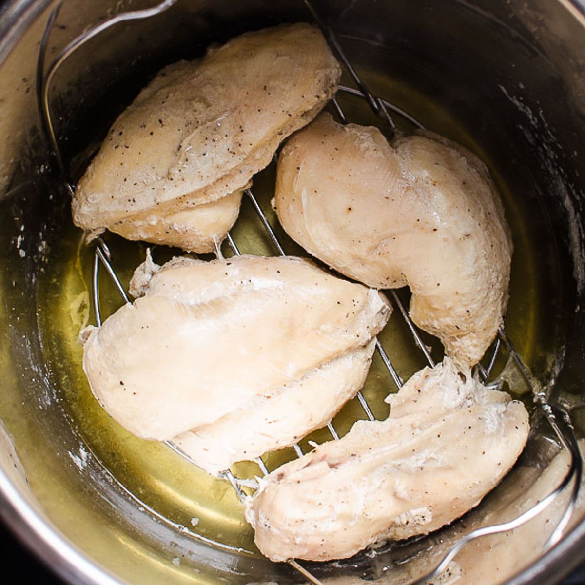 Instant Pot chicken breast on a trivet inside the pot and broth at the bottom.