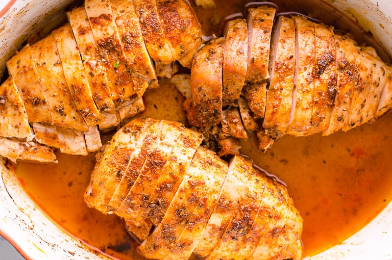 dish of sliced oven baked chicken breast
