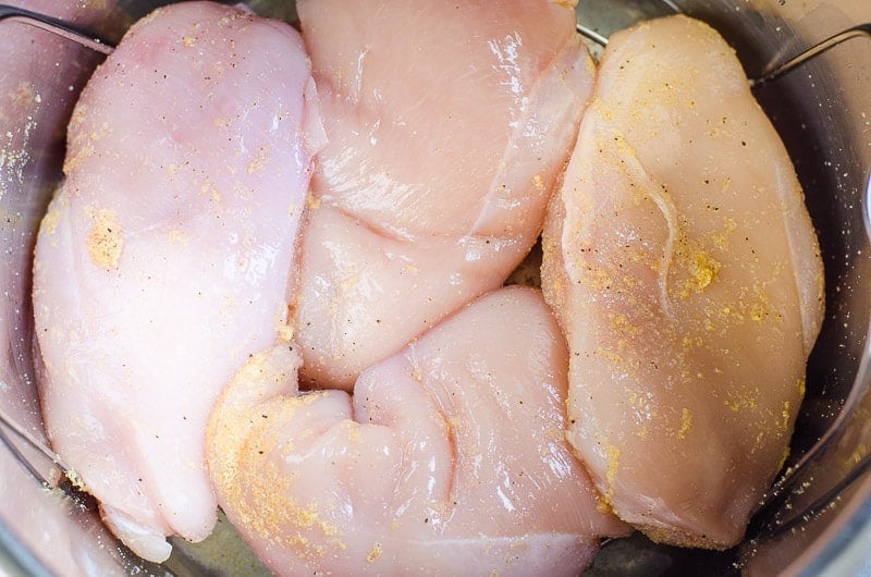 Seasoned chicken breasts in Instant Pot on a trivet.