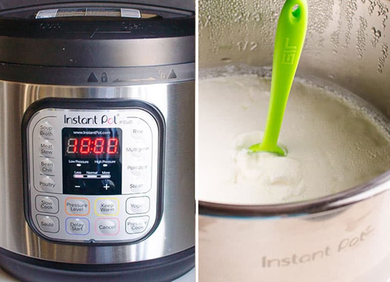 instant pot and green spoon inserted in a pot with yogurt