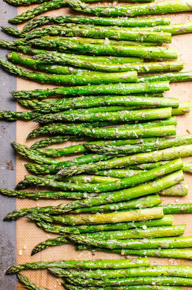 roasted asparagus on a baking sheet