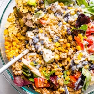 Healthy taco salad with ground turkey in a large bowl.
