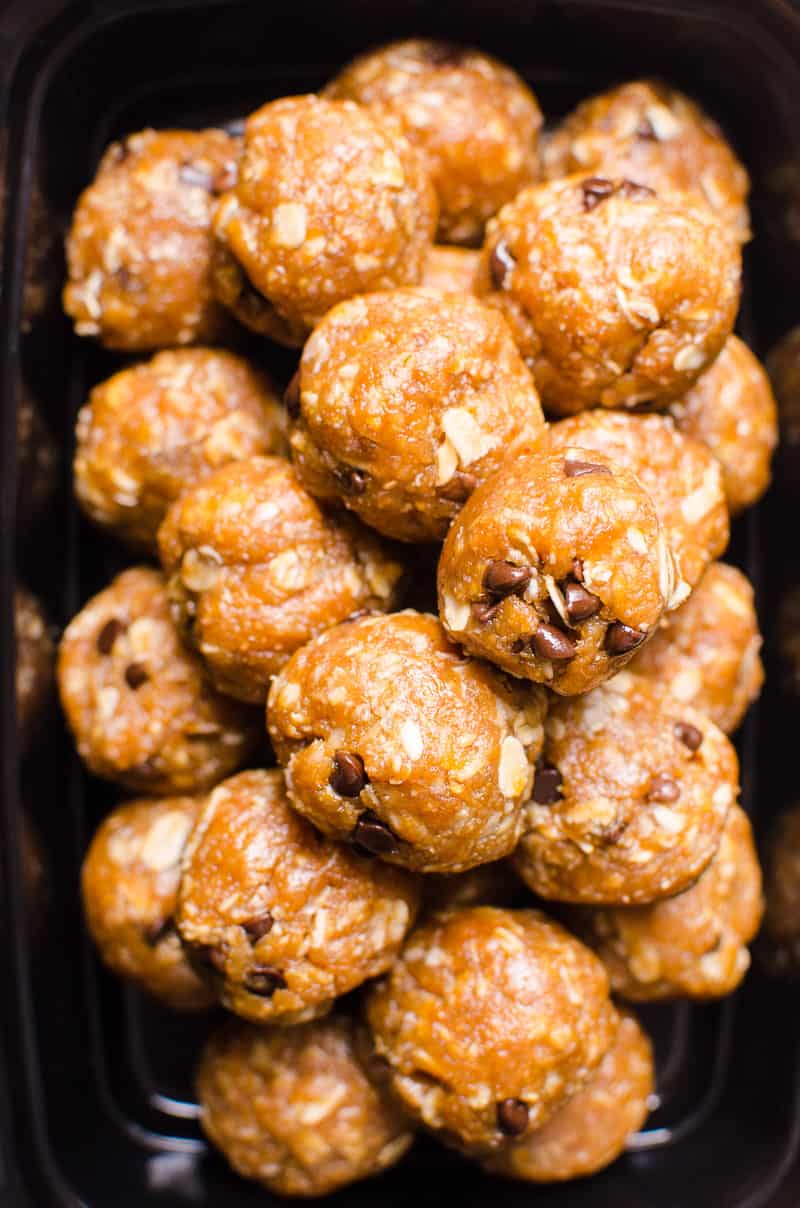 Peanut butter protein balls made with whey protein powder and mini chocolate chips.