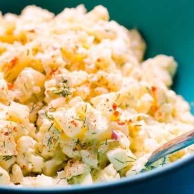 Cauliflower potato salad in a bowl.