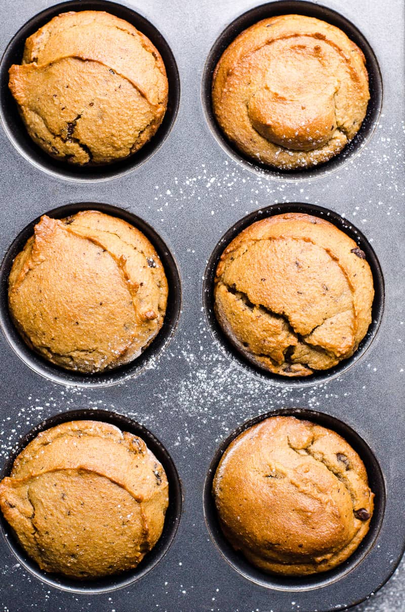 View from the top on almond flour banana muffins in muffin tin.