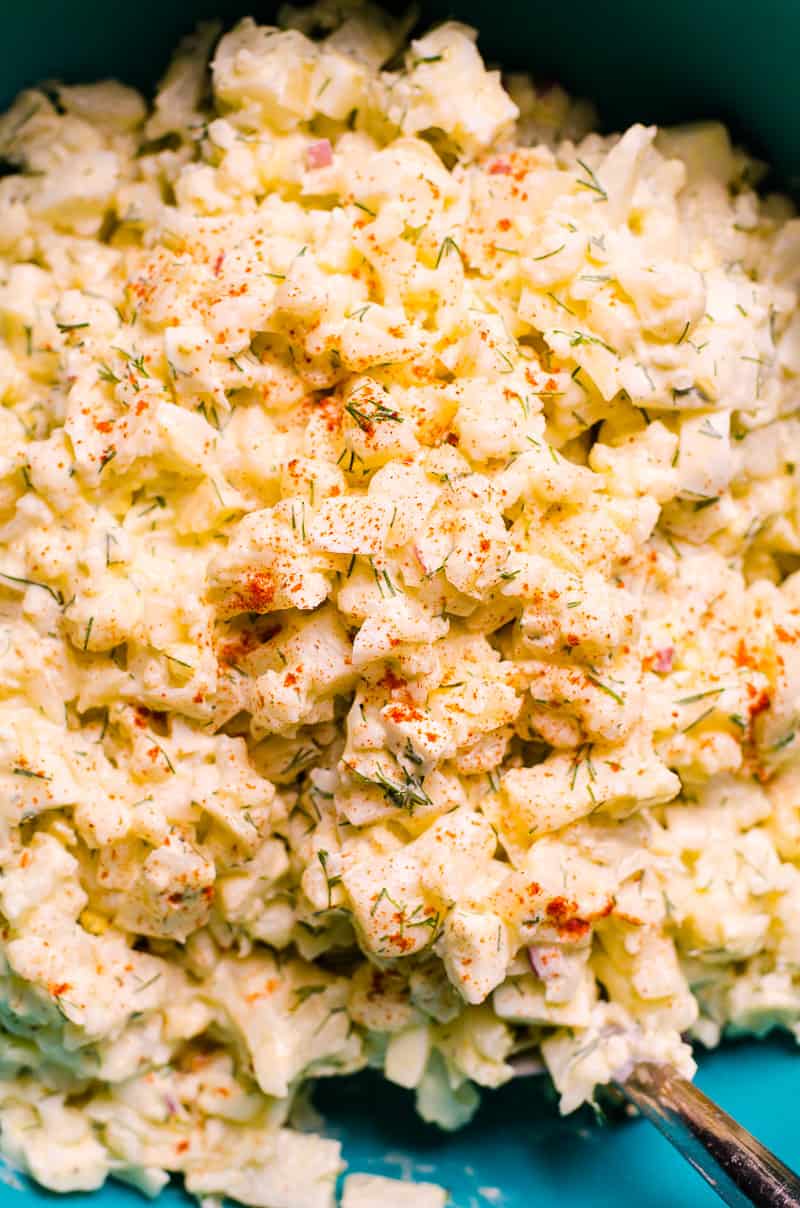 A close up of cauliflower potato salad. 