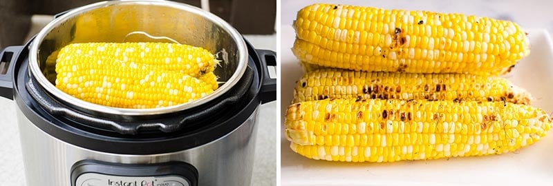 Corn on the cob grilled and cooked in Instant Pot side by side.