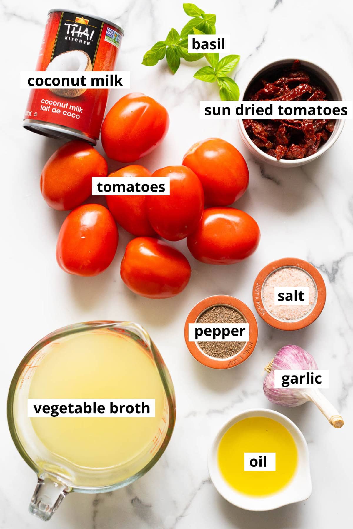 Coconut milk, tomatoes, sun dried tomatoes, basil, garlic, vegetable broth, oil, salt, pepper.