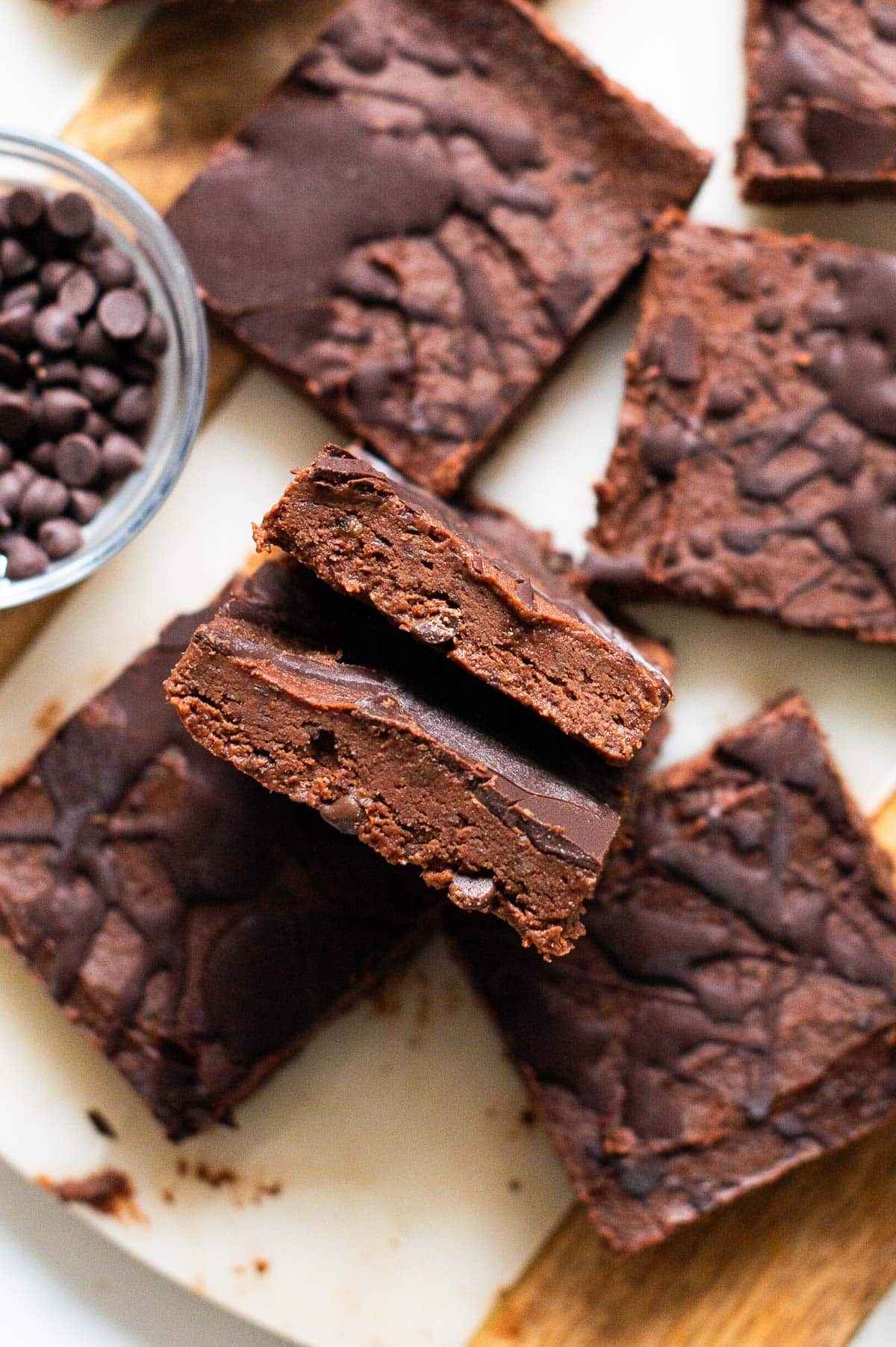 Two no bake brownies showing texture.