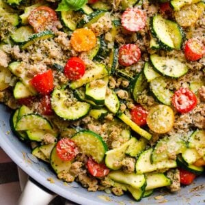 Low carb ground turkey and zucchini skillet with pesto.