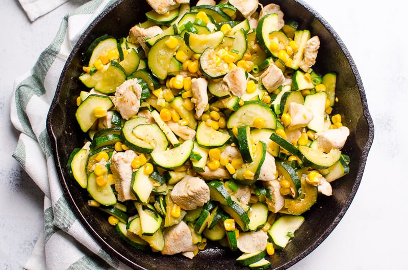 skillet of chicken, zucchini and corn