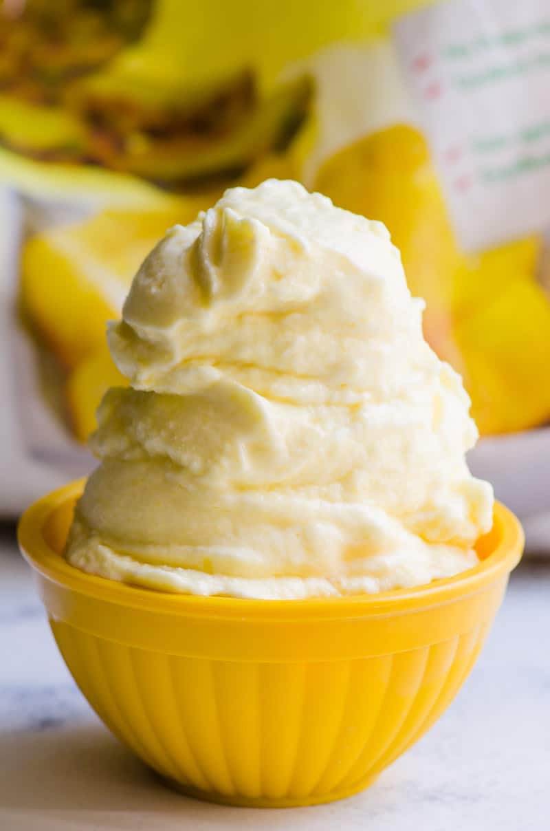 Disney dole whip recipe served in a yellow bowl.