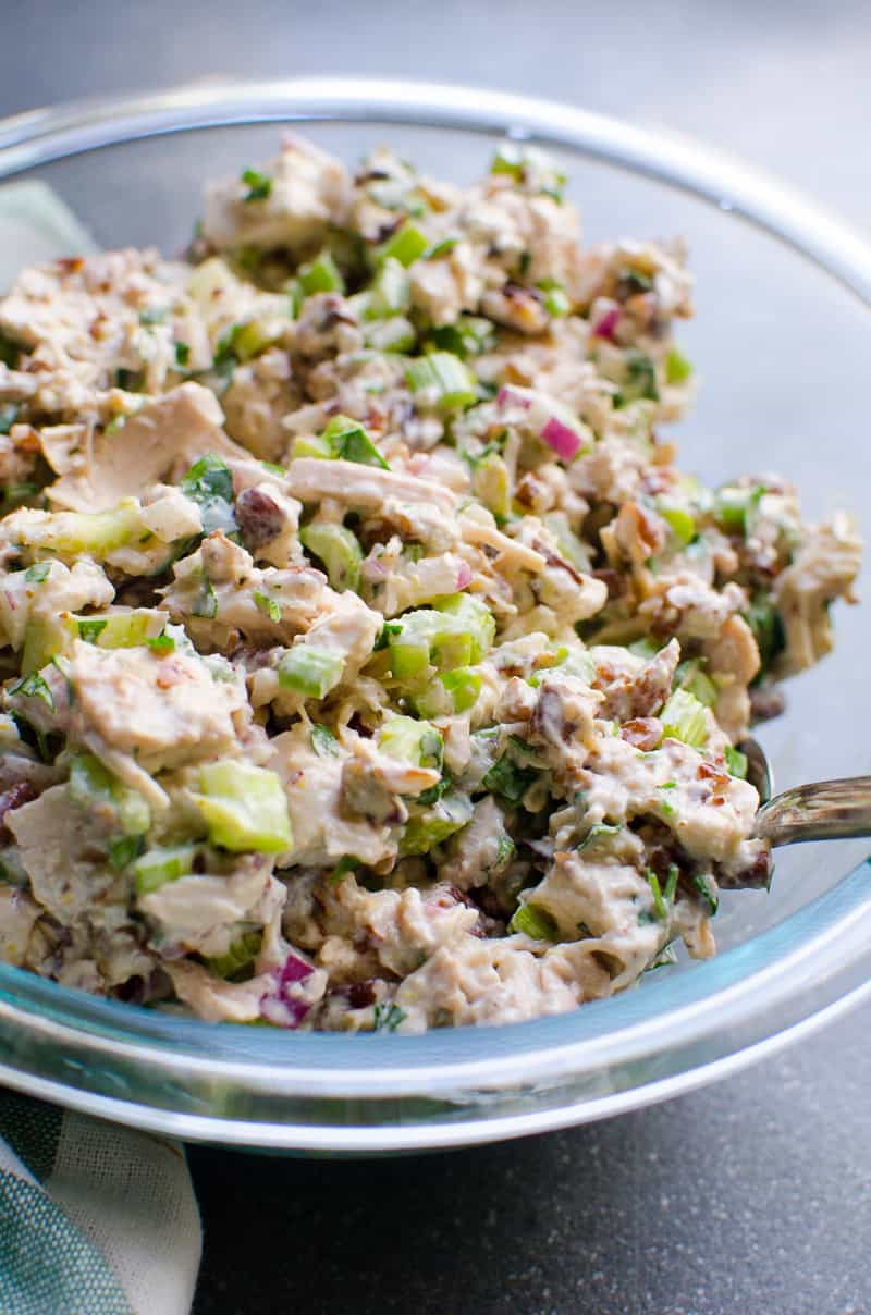 Healthy Chicken Salad in a glass bowl