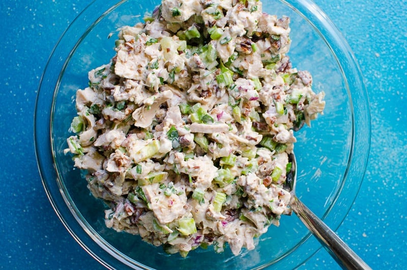 Healthy Chicken Salad stirred in a bowl with spoon