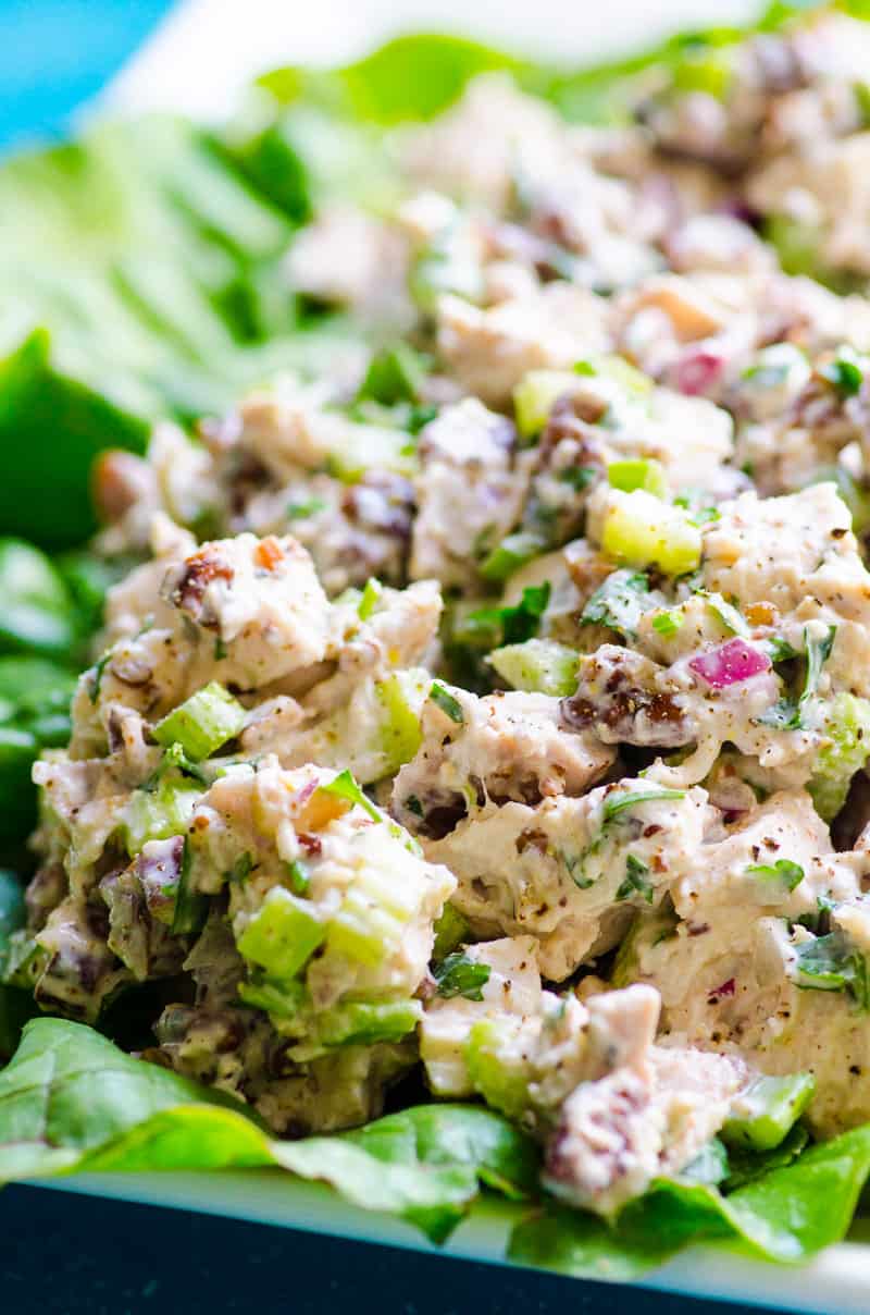 Healthy Chicken Salad on top of lettuce.