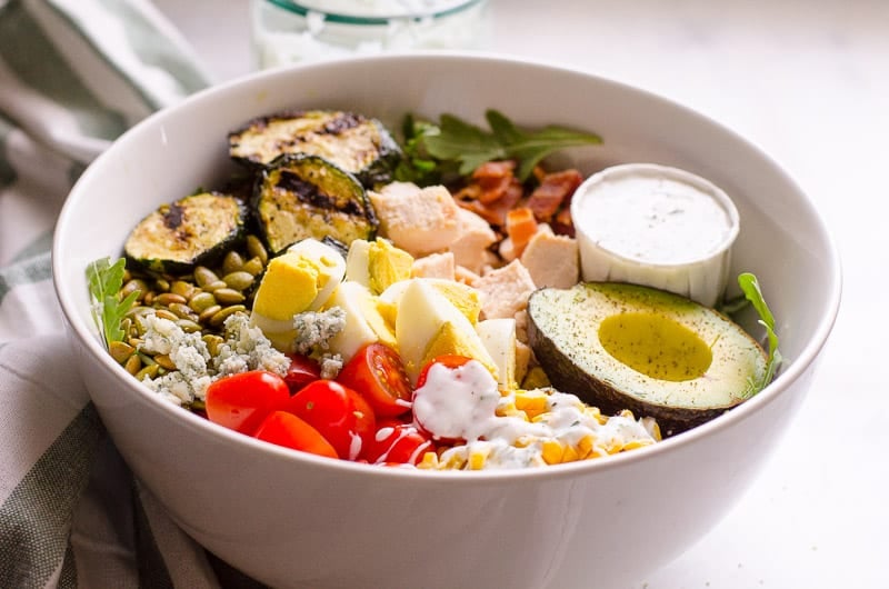 Healthy Cobb Salad in white bowl