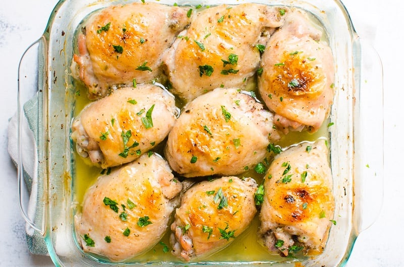 9 Baked Chicken Thighs in a square baking dish
