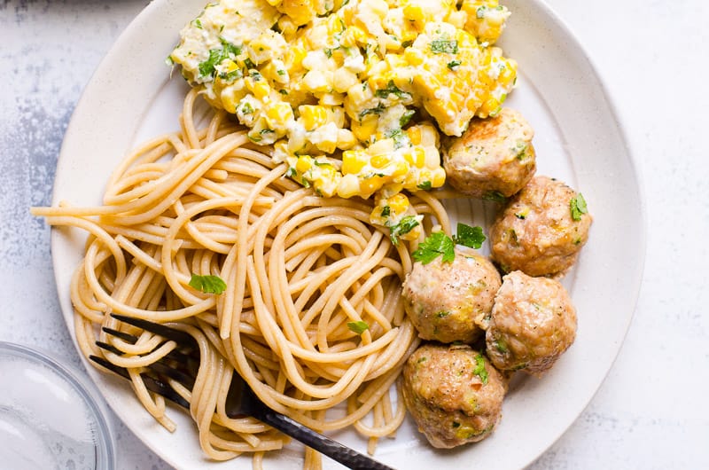 turkey meatballs with spaghetti noodles on plate