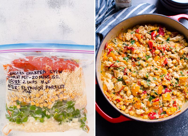 chicken chickpea stew freezer meal  in red pot