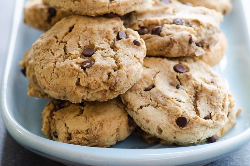 white plate of almond flour chocolate chip cookies