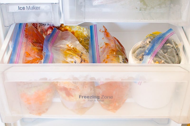 Freezer meals in the freezer drawer.