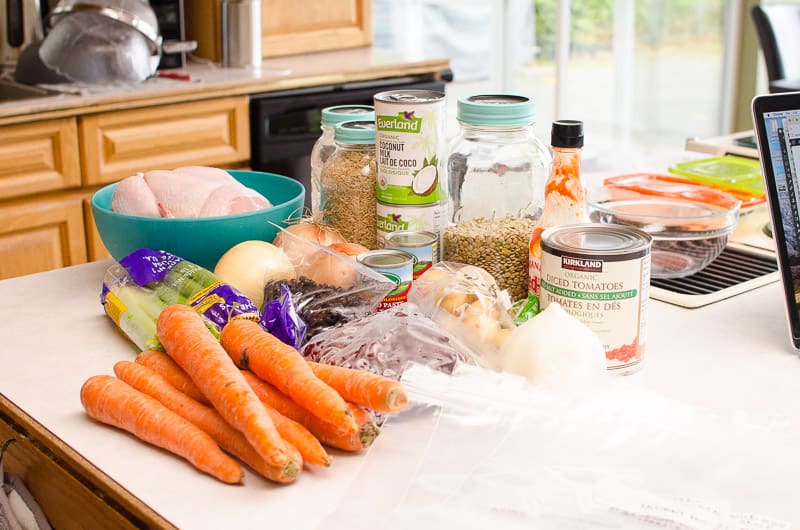 carrots, celery, beans, chicken, potato, onion, canned goods to make a batch of freezer meals