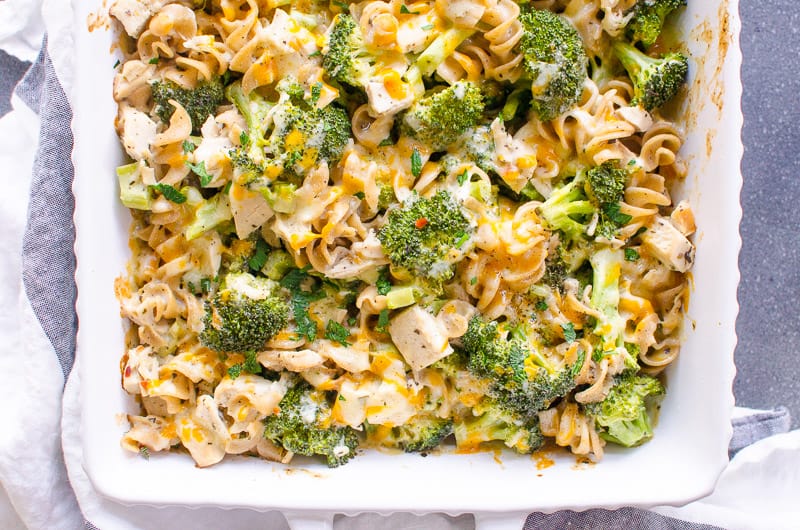 Healthy Chicken Broccoli cheese Casserole in white baking dish