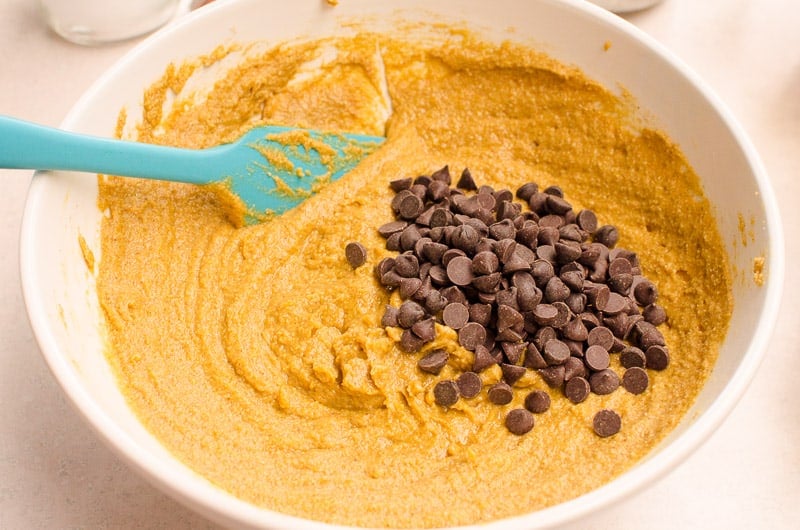 Bars batter in a bowl with chocolate chips.