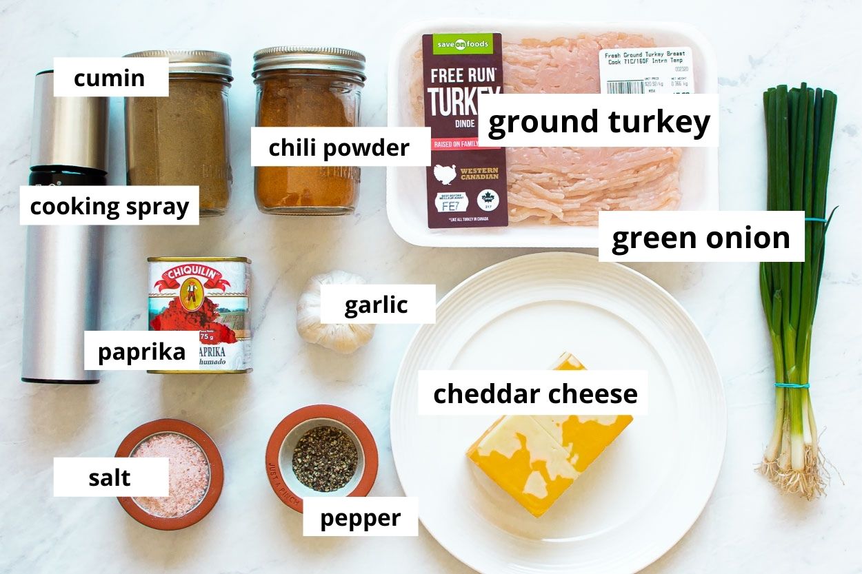 Ground turkey, cheese, spices, green onion, garlic. 