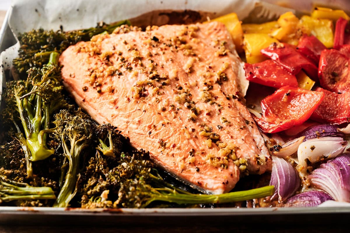 Sheet pan salmon and veggies.