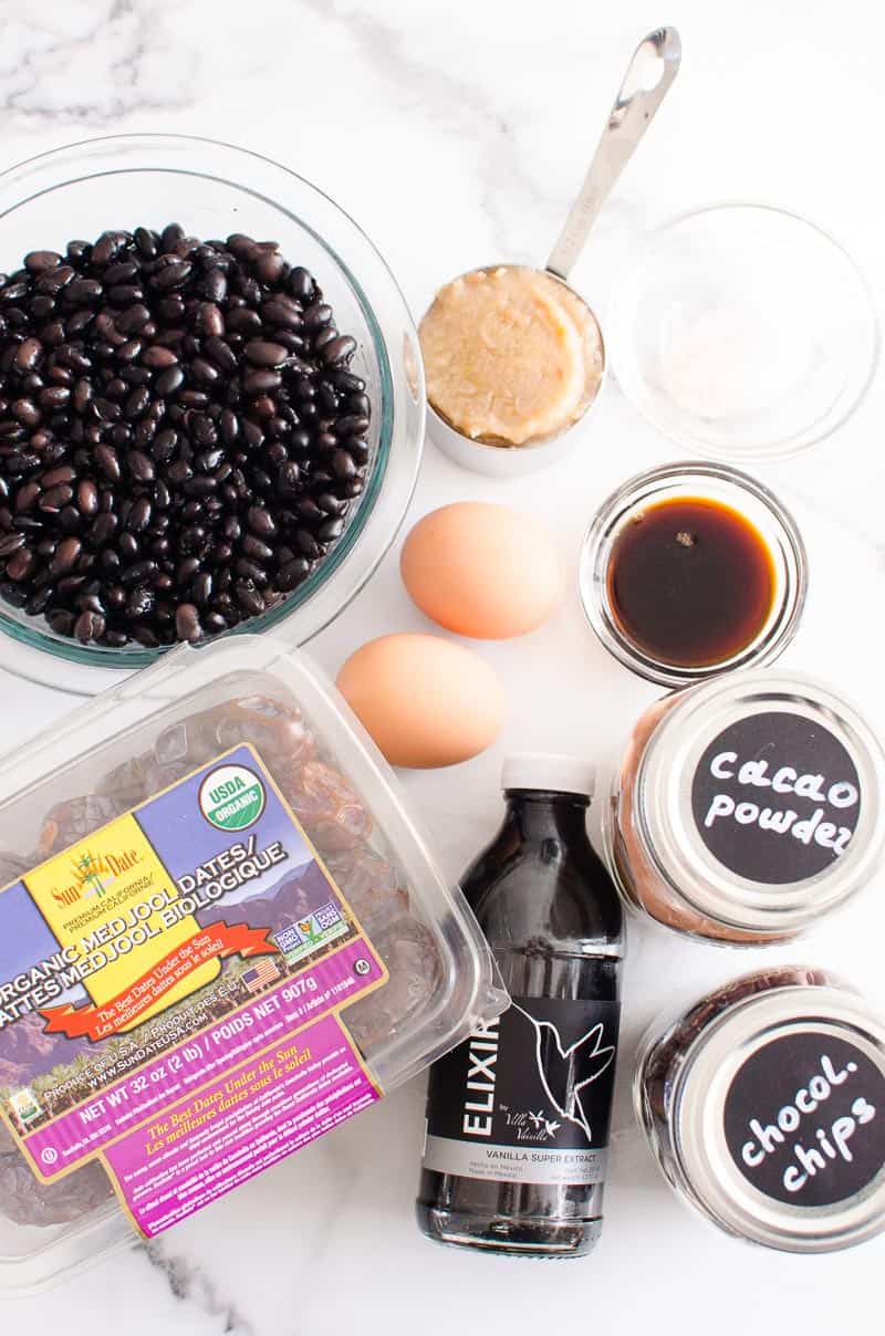 medjool dates, black beans, eggs, applesauce, chocolate chips, vanilla, cacao powder