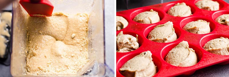 almond flour muffins batter in a blender and in red muffin tin