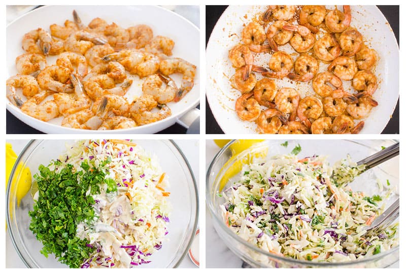 Shrimp cooking in a skillet and slaw mixed in a bowl.